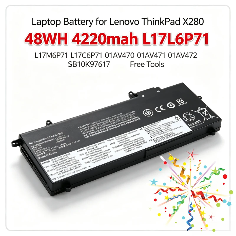 L17L6P71 Laptop Battery 48WH 4220mAh for Lenovo ThinkPad X280 L17M6P71 L17C6P71 01AV470 01AV471 01AV472 SB10K97617 + Free Tools