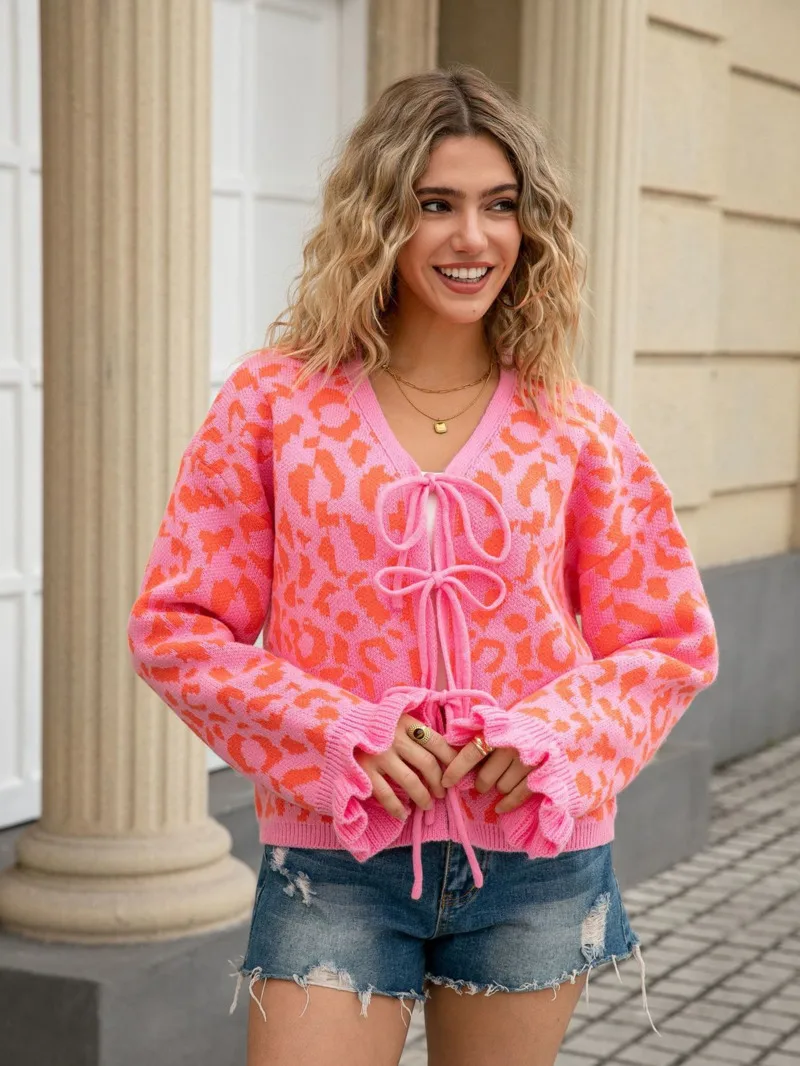 العصرية ليوبارد طباعة سترة للنساء 2025 الخريف جديد القوس الجبهة تكدرت الأصفاد تنوعا سترة القمم للمظهر غير الرسمي والأزياء