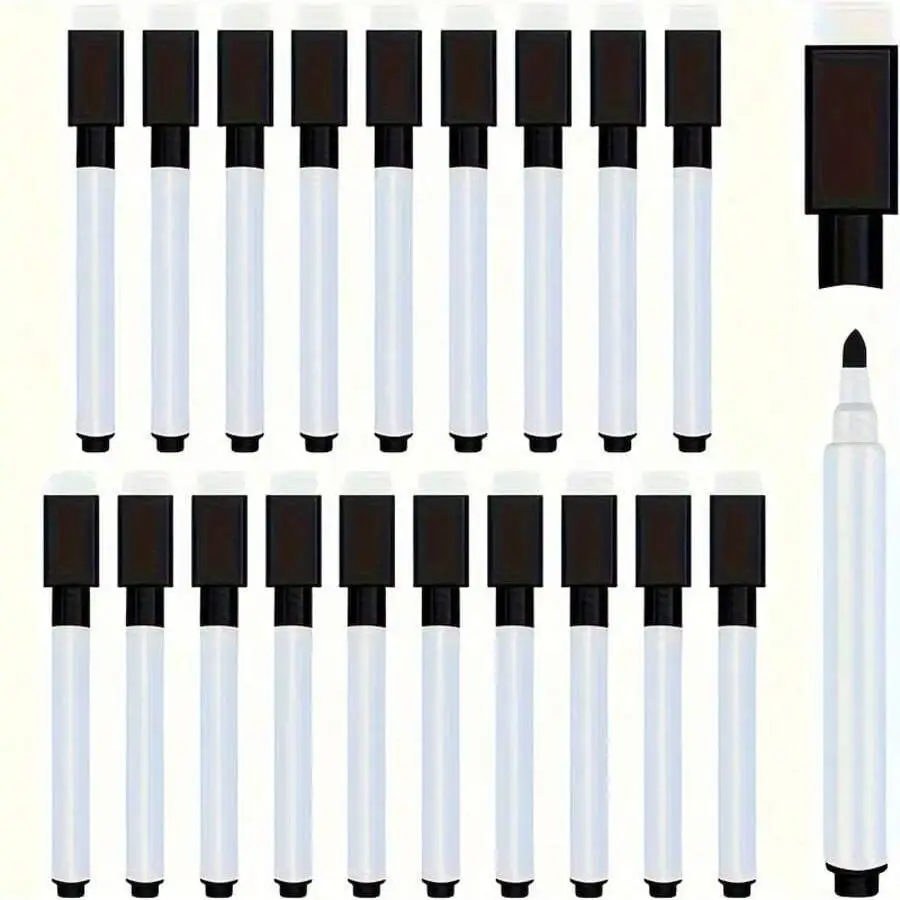 20pcs Erasable Whiteboard Marker Pens with Erasers - Nonmagnetic,Multi-Use Office Stationery Supplies,Waterproof Ink,Chisel Tip