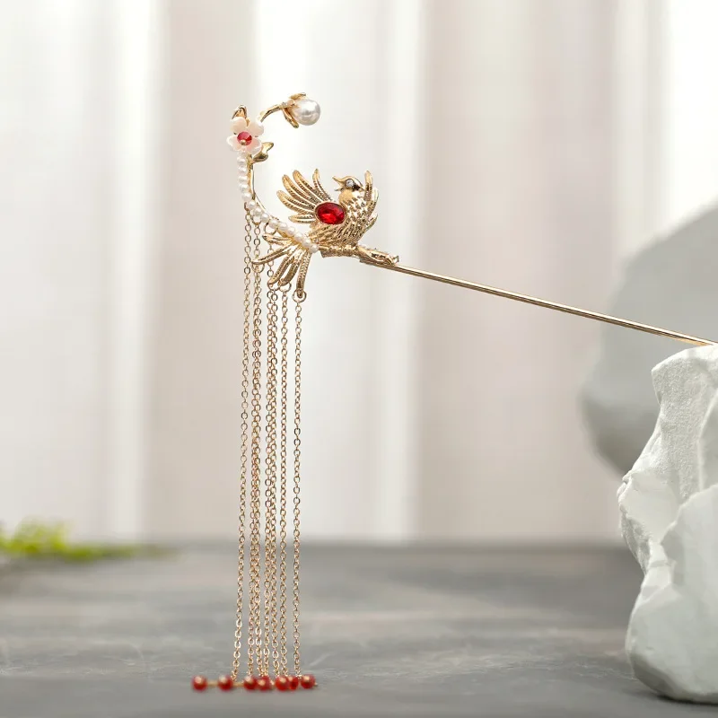 

Traditional Han Chinese Clothing Hairpin Birdie Pattern Gold Tassels Antique Style Costume Hair Accessories MA