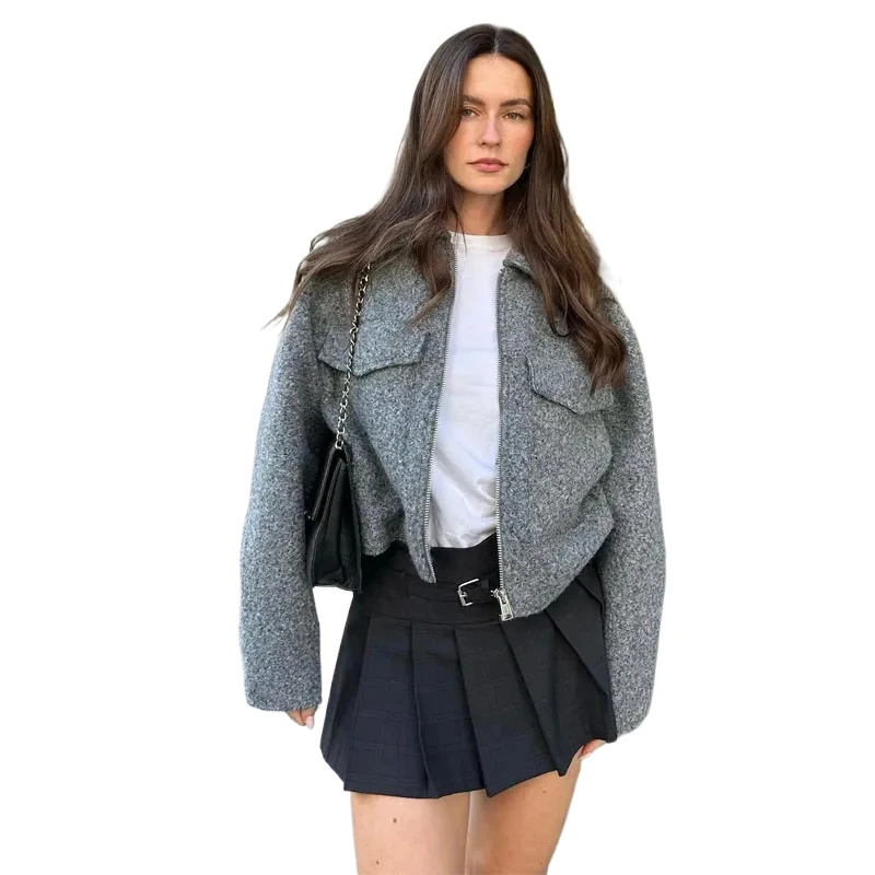 2025 Spring Autumn Women's Streetwear Tweed Short Jacket Zippered Crop Demiseason Outerwear European American Style