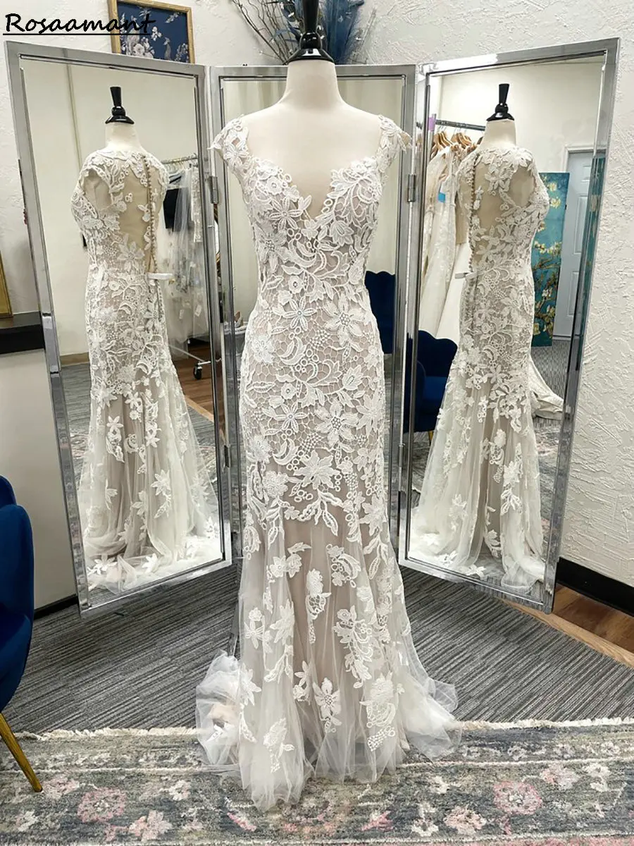 

Gorgeous Sweetheart Illusion Back Mermaid Wedding Dresses Cap Sleeve Appliques Lace Country Bridal Gowns