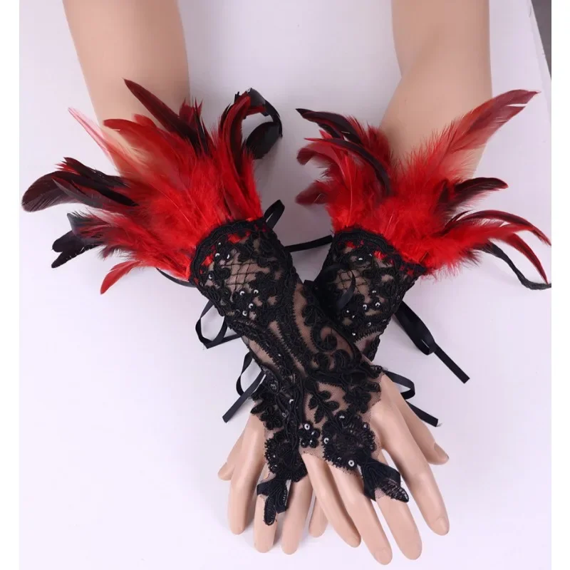 Halloween Feather Hook Finger Gloves Party Ball Black Lace Bracelet Sleeve Accessories