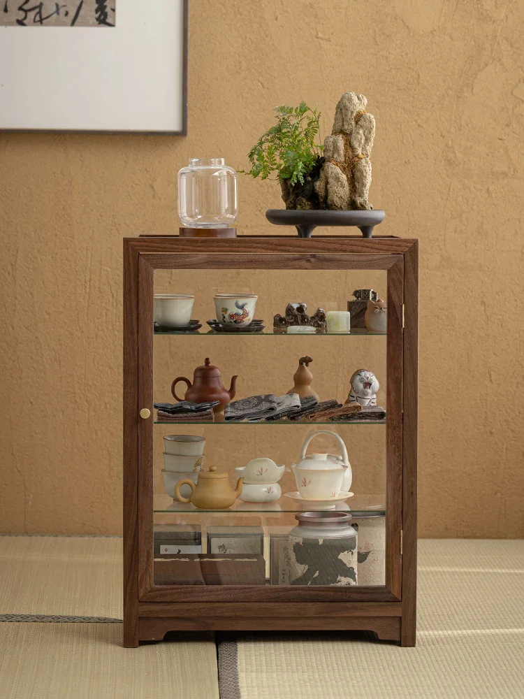 Glass figure display cabinet Floor-to-ceiling integrated walnut tea set Storage cabinet Desktop solid wood storage cabinet Locke