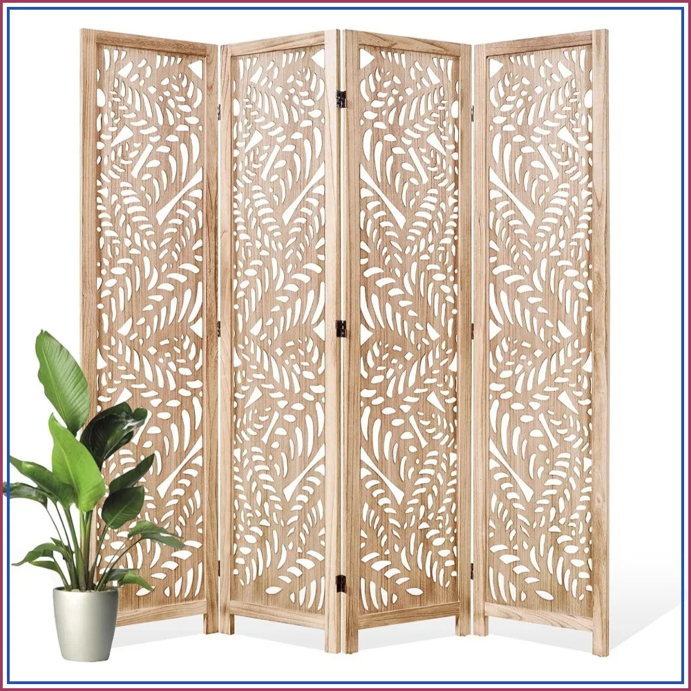 Wood Room Divider Screen 67 Inch Tall 4 Panel Folding Privacy Partition for Home Natural Finish