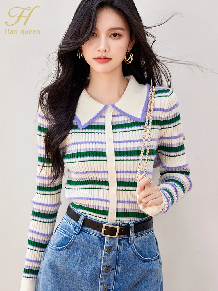 H Han Queen Autumn Winner Tops Colorblocked Stripe Korean Style Women\'s Clothing Vintage Casual Stretch Knitted Sweaters Women