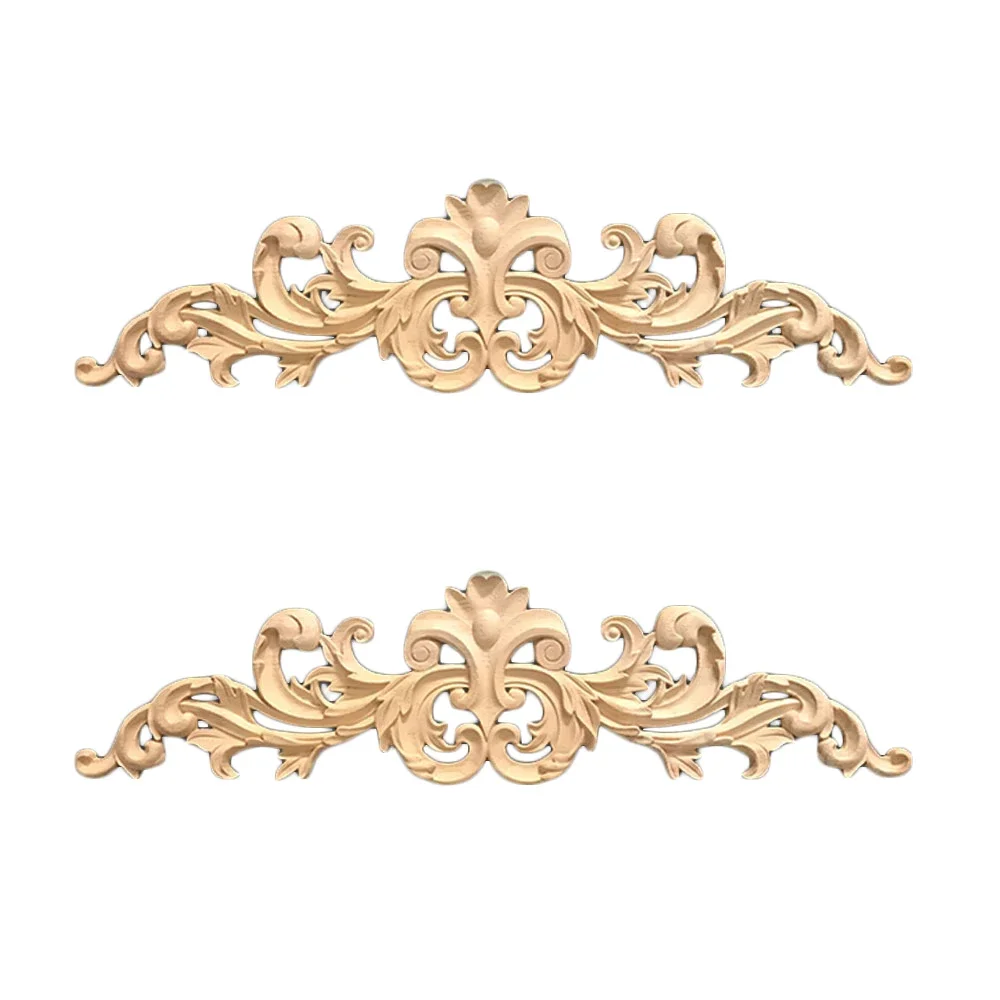 2Pcs Vintage Flower Design Carpenter Oak Solid Wood Carved Corner Onlay Long Applique Unpainted Frame Furniture Door Decor
