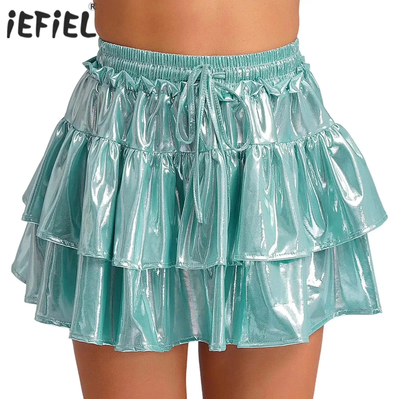 

Women Metallic Drawstring Tiered Ruffles Mini Skirt Carnival Y2k Costume High Waist Flared A Line Stretchy Puffy Mini Skirt