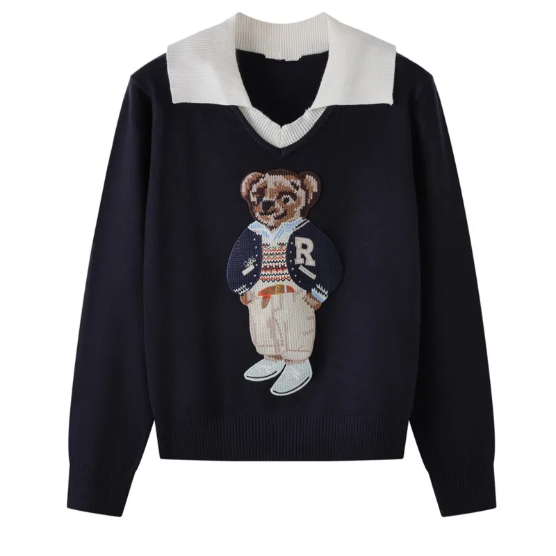 سترة محبوكة مطرزة على شكل دب فرنسي فاخر خفيف للنساء للخريف موضة جديدة كورية بلوفر فضفاض غير رسمي #4