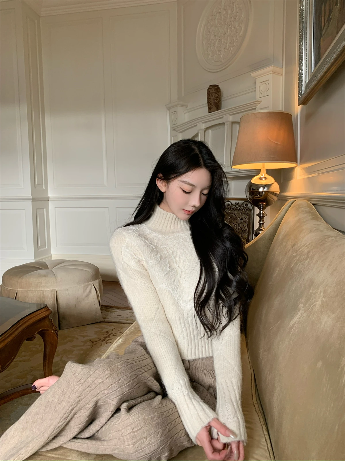 

Kikimy Women's Lace Decorated Sweater Tee Knitting Methods Diamond Pattern Casual Sle Long Sve Loose Fit Winter 2025