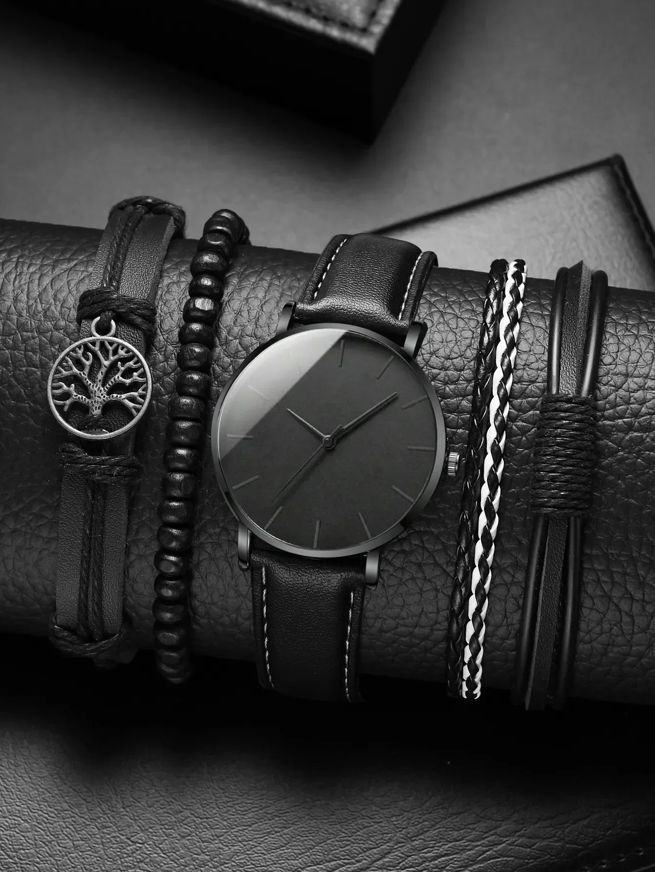 

Новые мужские часы, роскошный набор с браслетом, модные деловые черные кожаные кварцевые наручные часы для мужчин, подарочный набор, Relogio Masculino