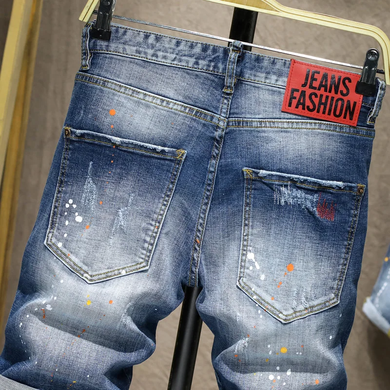 Summer Paint Point Denim Pants Men Stretch Ripped Patch Jeans Shorts Color Thread Embroidered Hand Painted Flip Red Ear Cotton 2