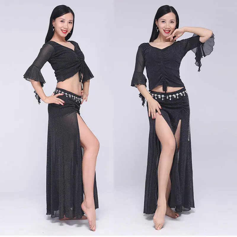 2pcs Oriental Belly Dance Short Sleeves Top   Split Skirt Costume Clothes Set Women Dancing Practice Lesson Outfit Bellydance