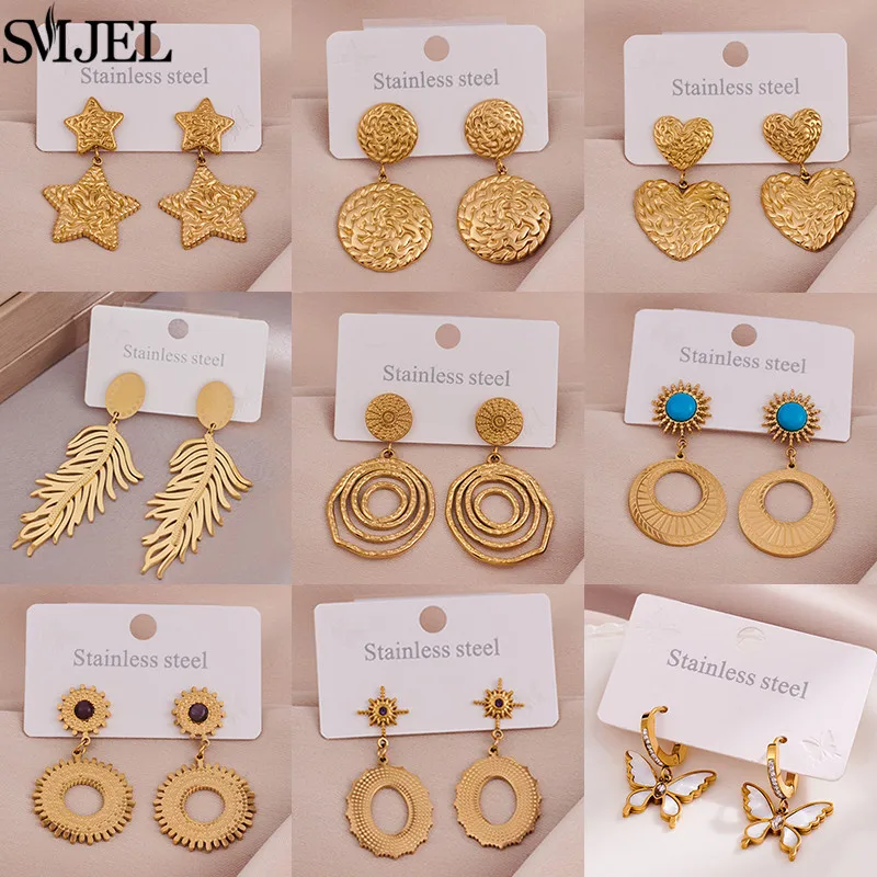 

New Stainless Steel Earrings Bohemian Round Heart Sun Totem Pendant Temperament Dangle Earring Gold Color Ear Piercing Jewelry