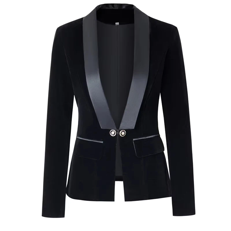 HarleyFashion Fall Spring Brief Design Single Buttons Top Quality Black/Blue Velvet Basic Slim Women Blazers Casual Jackets