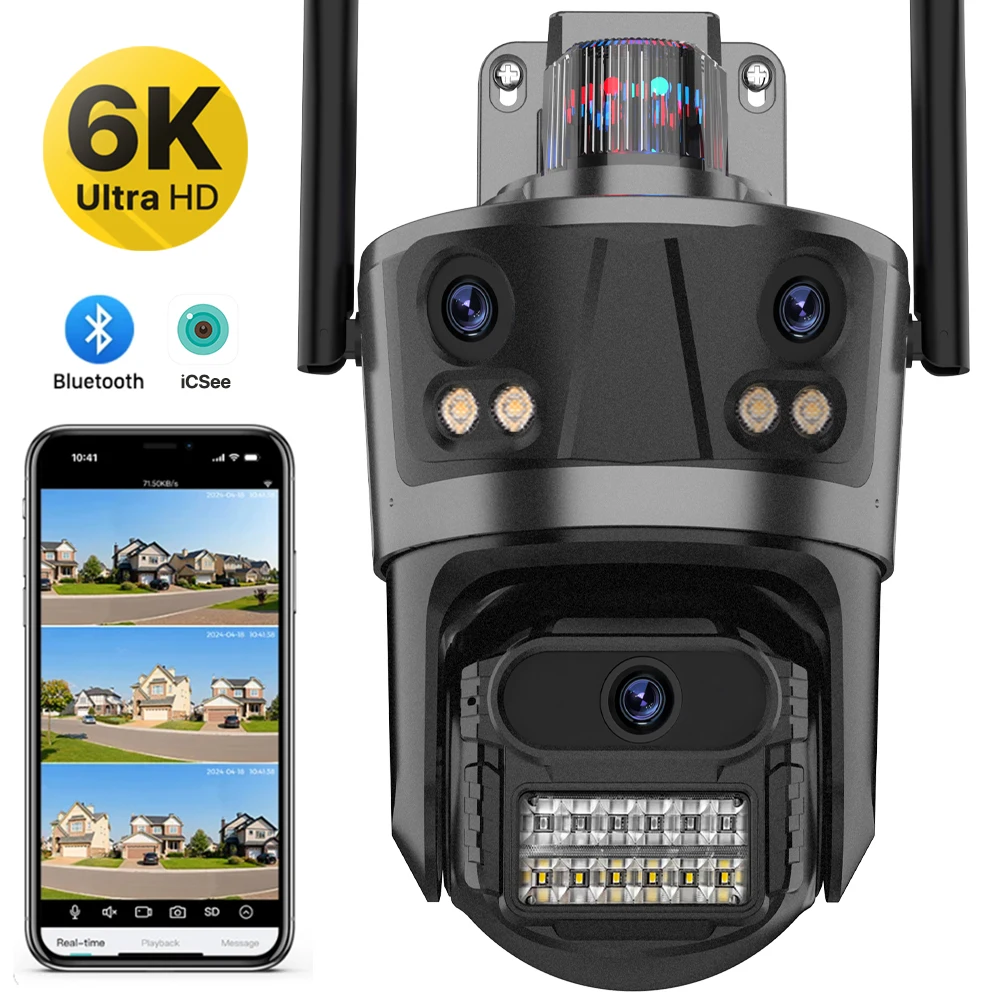 WIFI IP Camera 6K HD Three Lens Three Screens PTZ Camera Outdoor Ai Tracking Cloud CCTV Security Camera iCsee