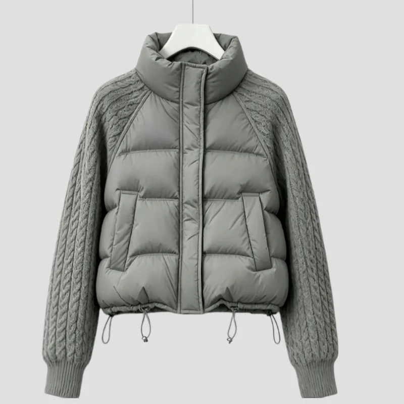 Winter New Women Down Cotton Parkas Jacket Cable Knit Sleeve Spliced Stand Collar Thick Warm Short Coat Petite Ladies Outerwear