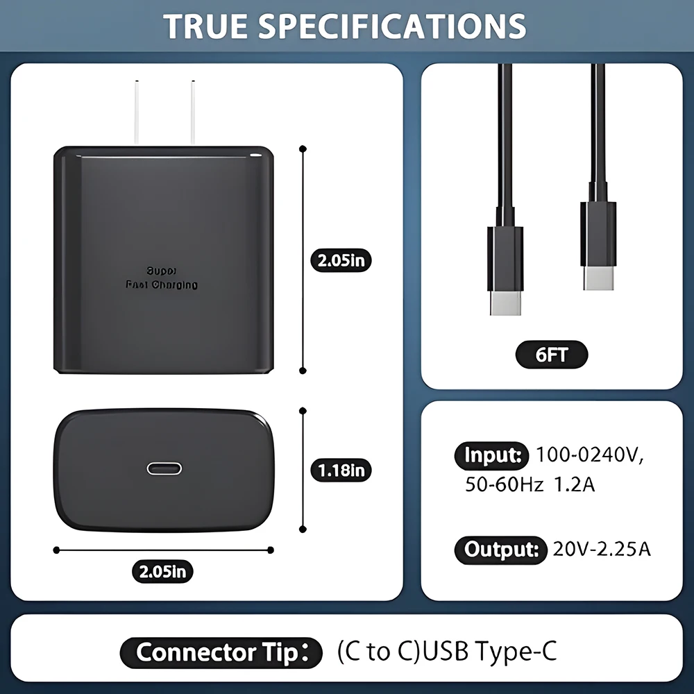 45W Super Fast Charger & USB-C Data Cable - Portable Adapter for Samsung for Galaxy S24/S23/S22/S25 Ultra/S21 Plus/Note 20 view 3