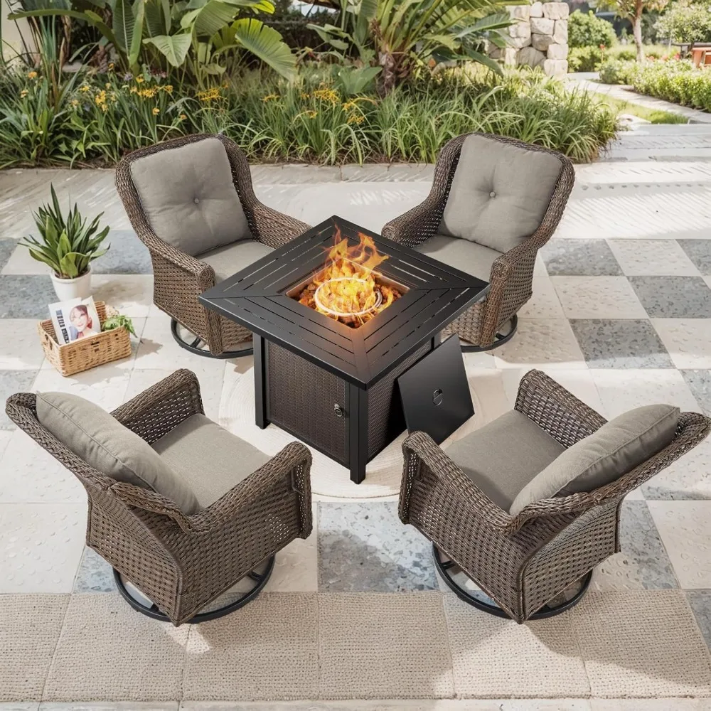 

Terrace Resin Wicker Furniture Set with Fire Pit Table, Terrace Chair with Propane Fire Pit Table and 5P Brown Wicker