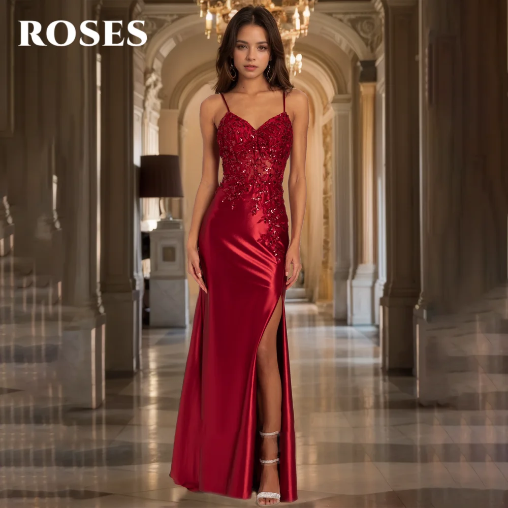 

ROSES Red Sexy Prom Dress Sweetheart Hollow Backless Prom Gown Lace Applique Side Split Evening Dress robes de soirée Customized