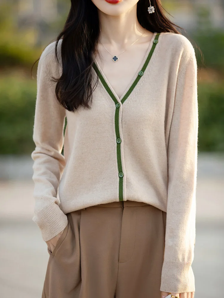 

100% Merino Wool Cardigan Sweater Autumn Winter Women V-neck Long Sleeve Cashmere Knitwear Basic Clashing Color Elegant Tops