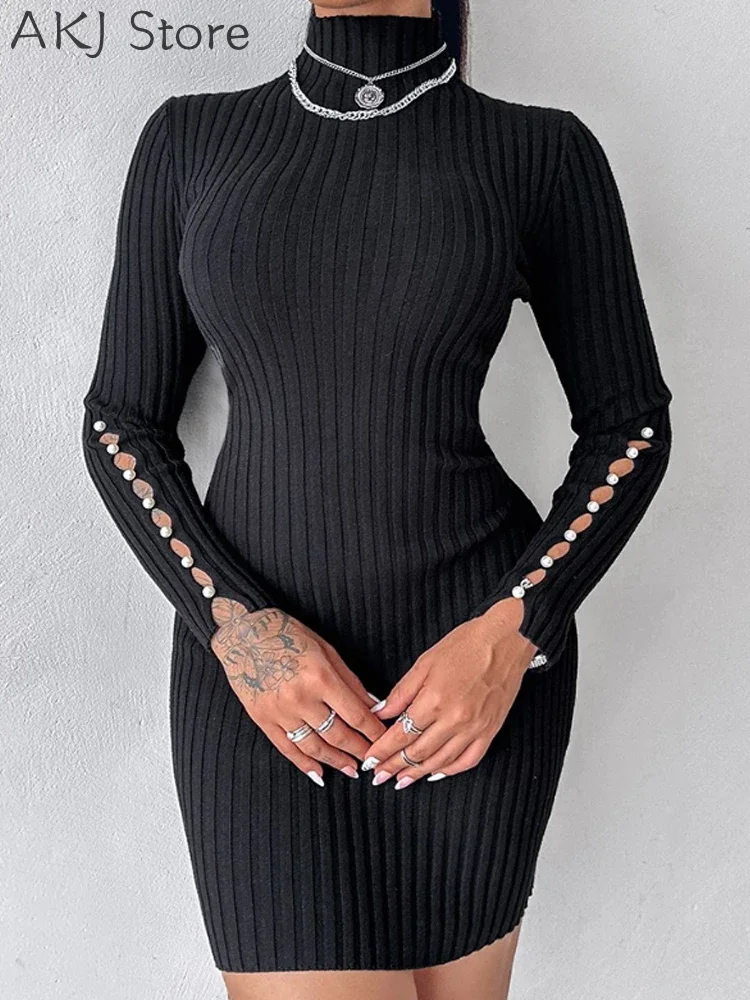 Robe moulante en tricot perlé pour femme, col montant, haute élasticité, automne et hiver