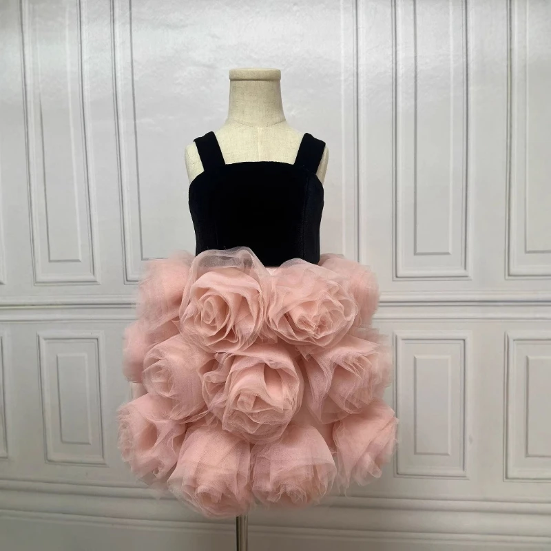 Festive Dress for Girl Floral Party Children Birthday Spaghetti Strap Princess Gown Vest Dress Pageant Formal Celebration Outfit