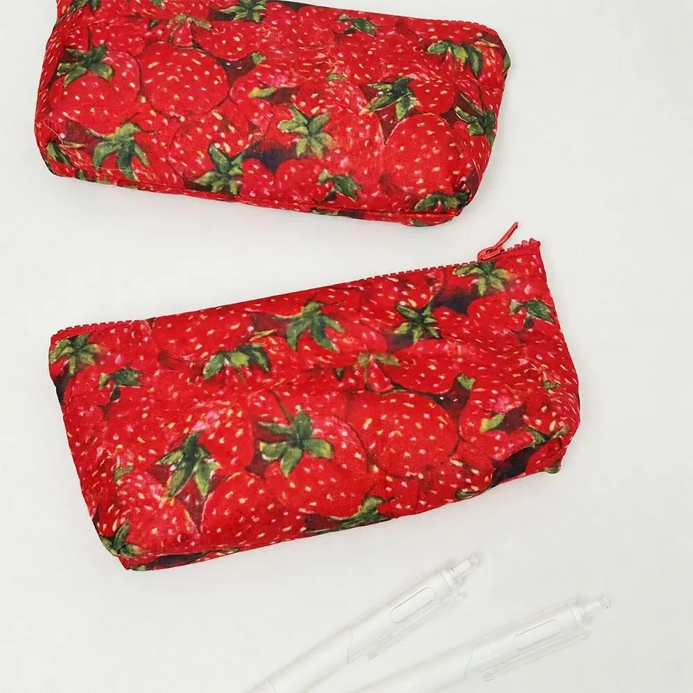 Vintage Red Strawberry Print Pencil Case Large Capacity Portable Pencil Pouch Stationery Organizer Gift