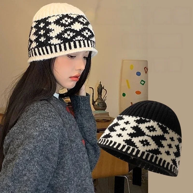 One Size Knitted Beanie Hat Daily Commute Travel Diamond Ribbed Design Warm Cotton Blend Soft Lining Women Autumn Winter