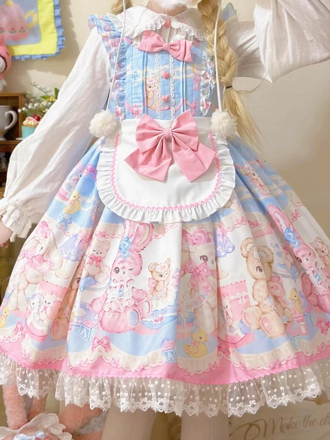 KIMOKOKM Kawaii Lolita falbany fartuch sukienka z halką na ramiączkach ukochana księżniczka z nadrukiem kokarda witalność dziewczęce sukienki Mini Loli