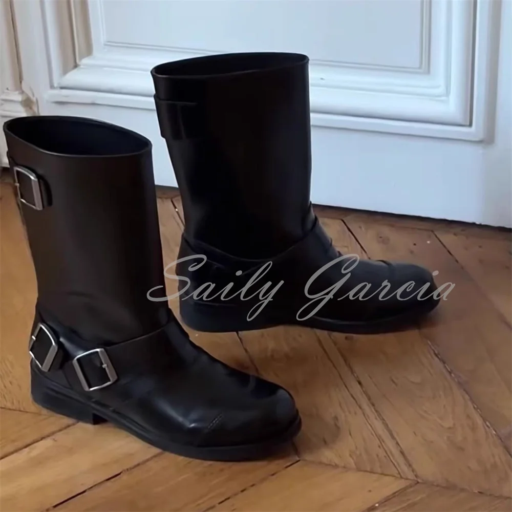 

2025 New Mid-Calf Women Boots Retro Round Toe Black Leather Thick Heel Buckle Strap Casual Comfortable Short Knight Boot