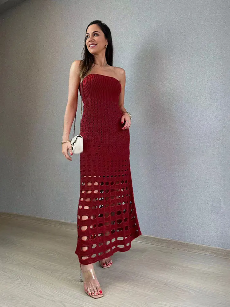 Sexy Backless Hollow Out Sling Knit Dress Women Fashion Solid Off Shoulder Long Dresses 2024 Summer Lady Vacation Party Vestidos