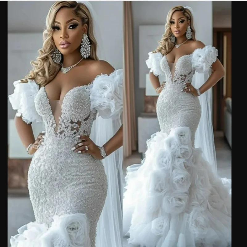 Vestido De novia personalizado con hombros descubiertos, apliques De cuentas brillantes, bata De boda De talla grande, vestido De novia De flores hecho a mano De manga larga