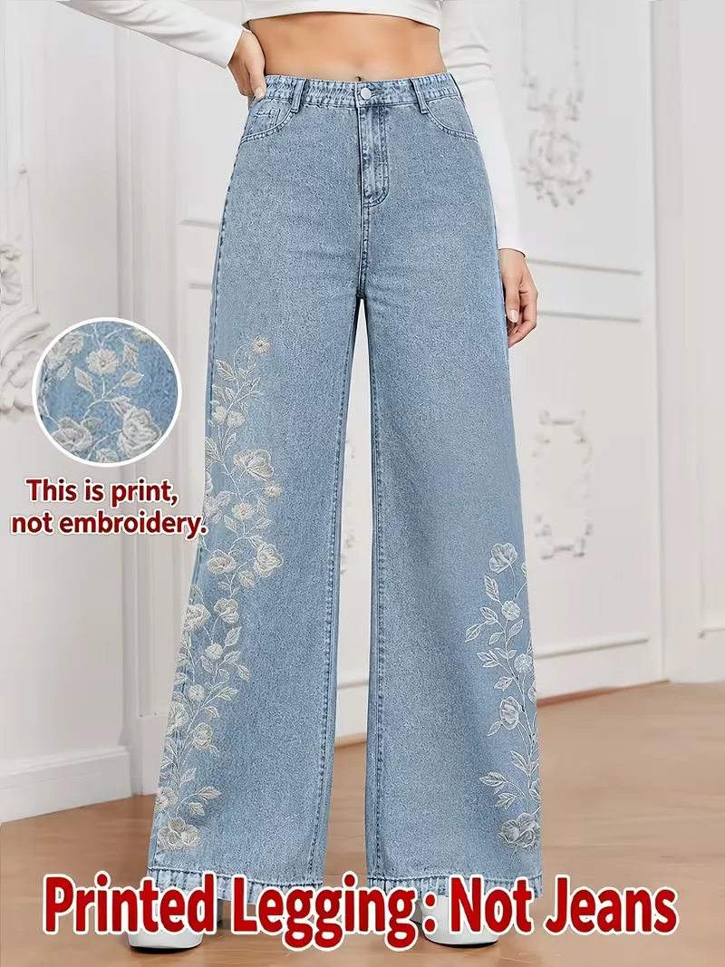Women Faux Denim Digital Print Wide Leg Pants, Straight Casual Long Trousers, Loose Loungewear Pants For Home And Outdoor