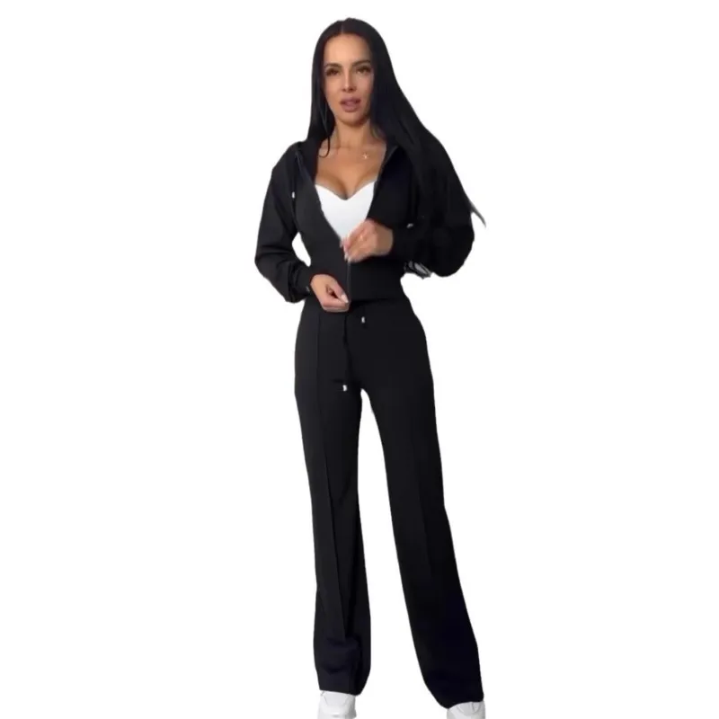 Spring Autumn Short Zipper Hooded Tops Women\'s Suit Solid Color Fashion Slim Simple Elegant Female Sweatpants 2 Piece Set 2025