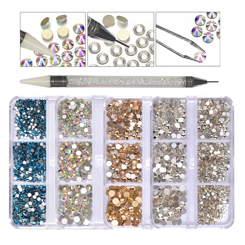 

New Nail Rhinestones 6 Grids SS4-SS16 Flat Back AB Mixed Size Crystal Gem Diamonds 3D Nails Charms DIY Nail Art Decoration