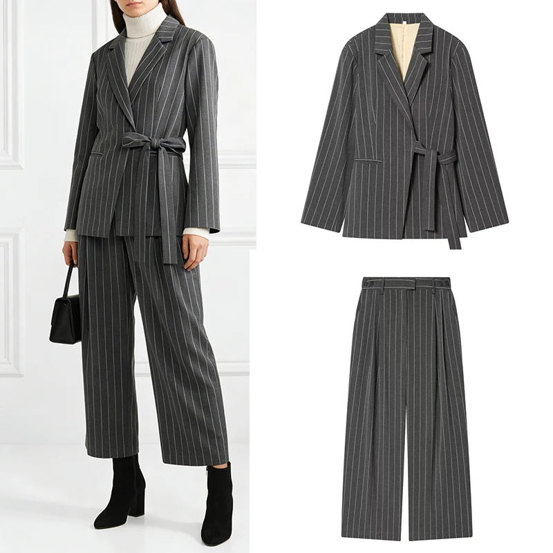 

Women's gray pinstripe two-piece set with a belted blazer and wide-leg pants, suitable for office wear, can be worn in all seaso