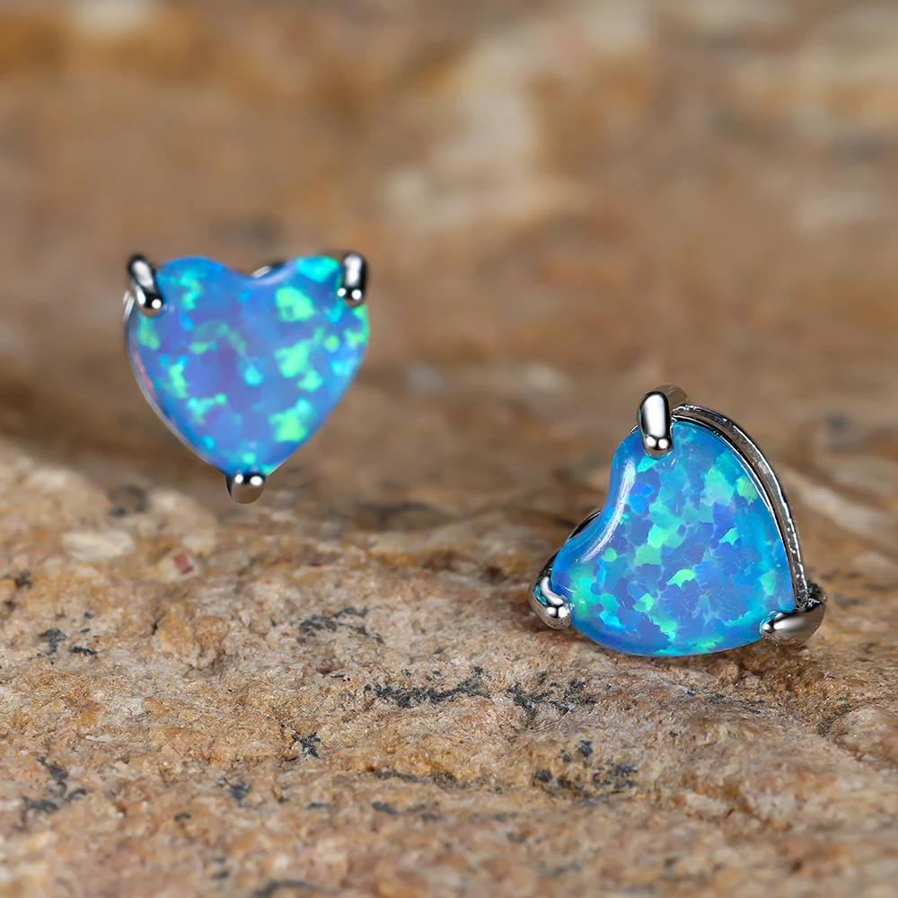 قوس قزح الأزرق الأبيض النار أوبال أقراط للنساء فضية اللون الزفاف القلب قرط الاذن المرصع الزفاف المشاركة حفلة عيد ميلاد مجوهرات