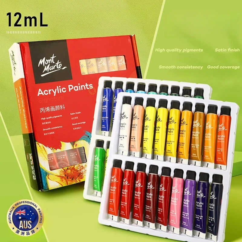 Mont Marte Acrylic Paint Set 12/18/24/36 Colours 12ml Non Toxic No Fading Rich Pigment for Artists Canvas Crafts Wood Painting