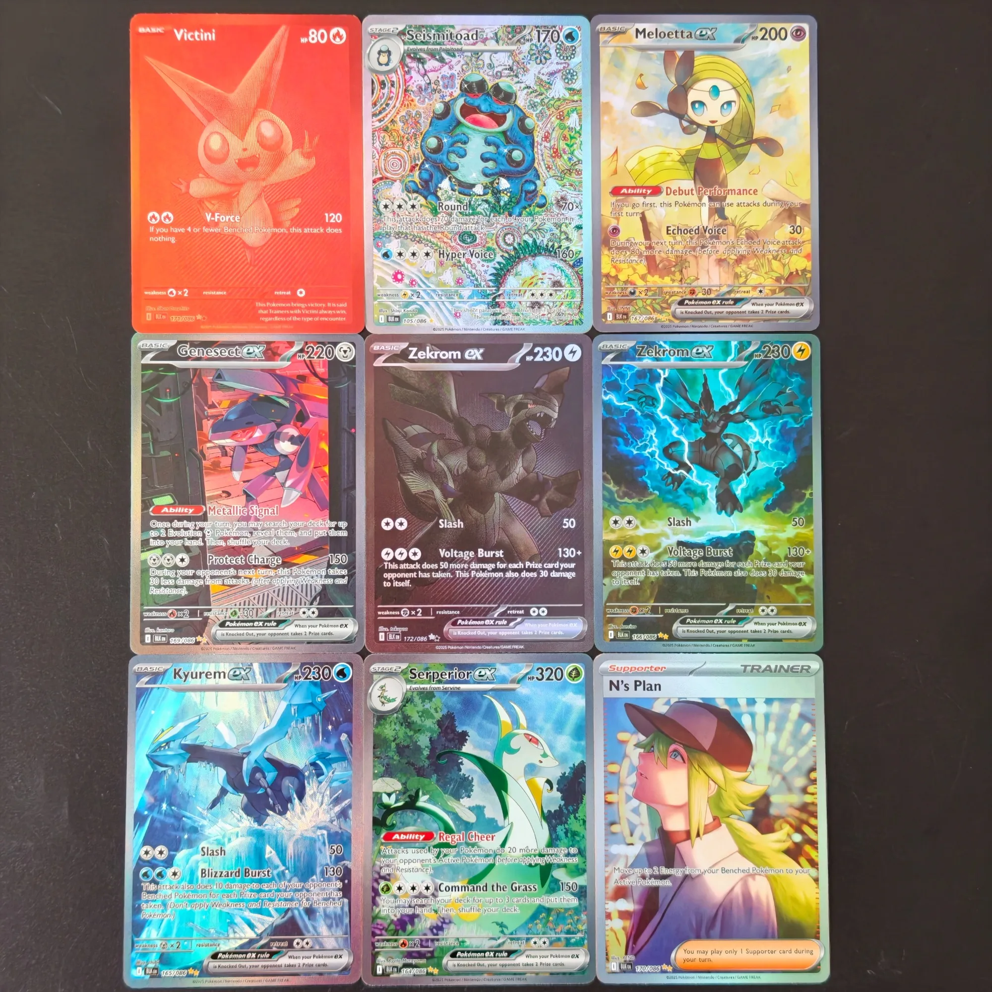 9 Stück Pokemon BLK Unova Legend Holo/Flash Karten Proxy TCG Englische Sammelkarten Zekrom ex Victini Meloetta Genesect Kyurem Karte