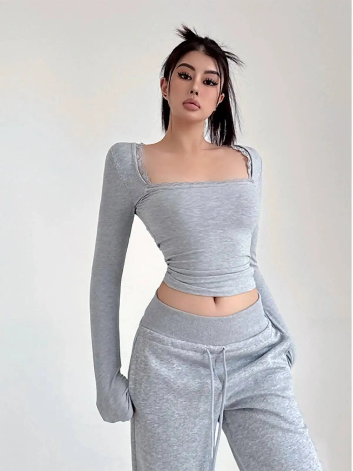 Pure Desire Sexy Shoulder Slim Lace Square Neck T-shirt For Women 2025 Short Crop Top Fashion Women Tees 2025 New 9WIX