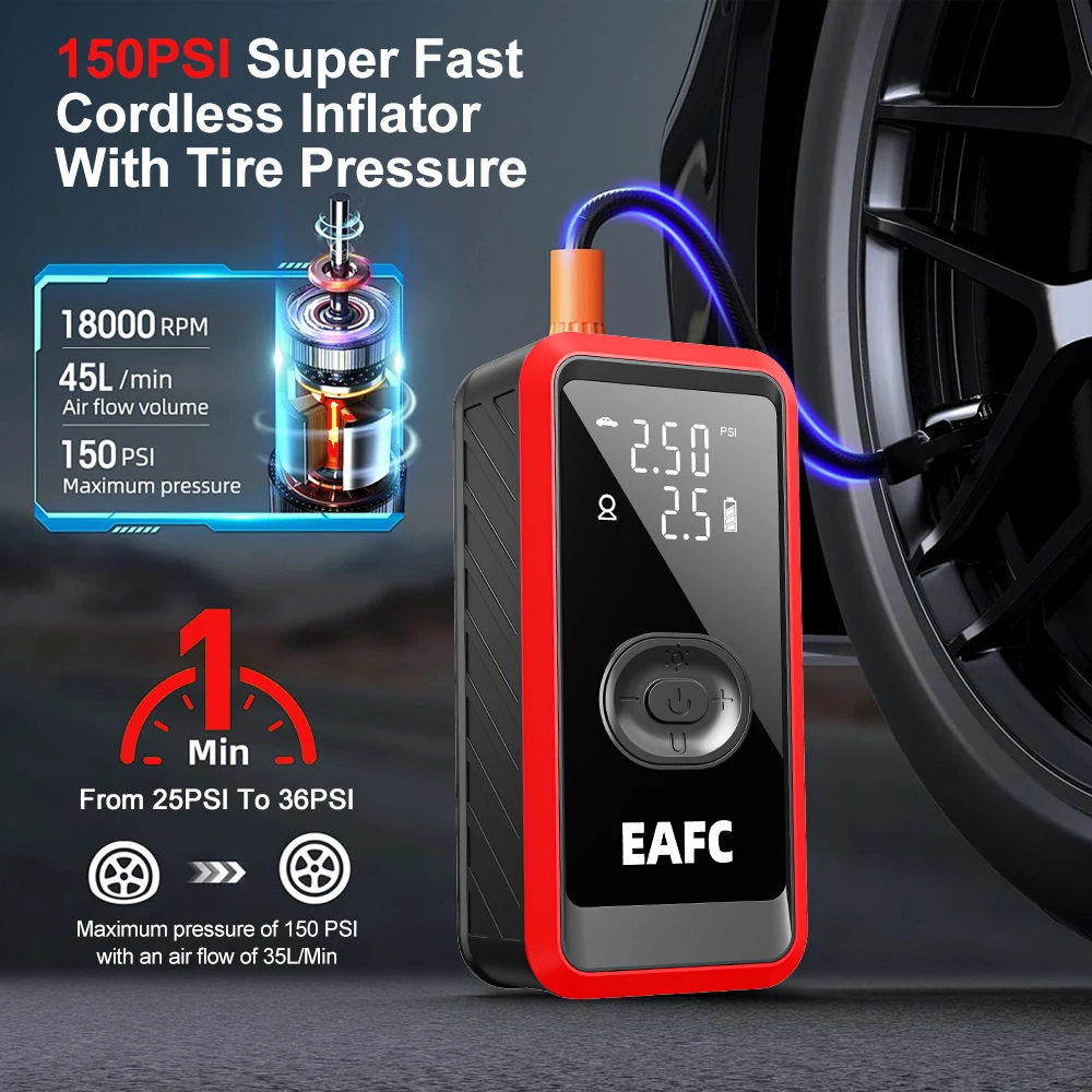 EAFC 4500mAh Wireless Car Air Pump Digital Display Portable Tire Fast Inflation Compressor for SUV MPV Vehicle Motorcycle Ball