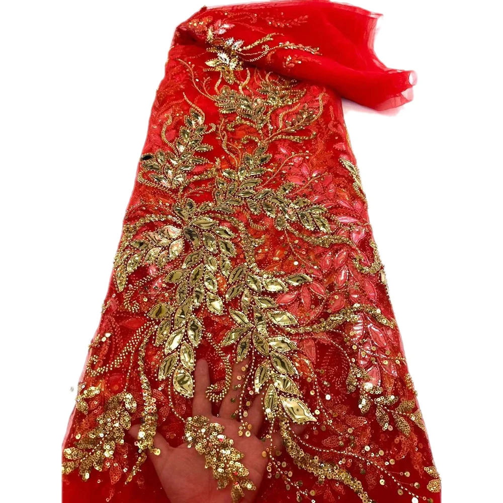 

Luxury Korean Mesh Bead Lace Embroidery With Stones Fabric Sew Wedding Evening Dress African 5 Yards High Quality Beades Net