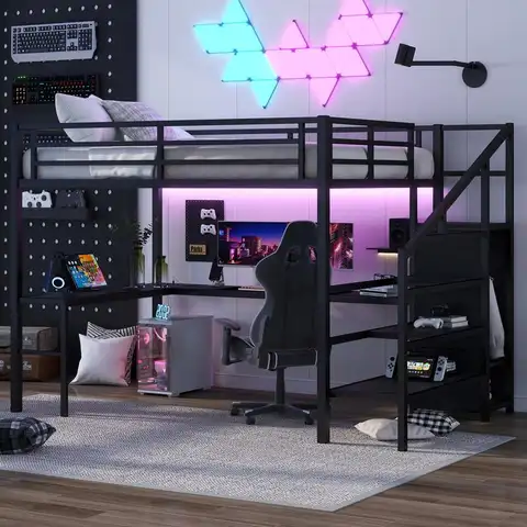 Queen Size Loft Bed with L-Shaped Desk & USB, Metal High Loft Bed with Wardrobe & Adjustable Shelf, LED Features for Kids,