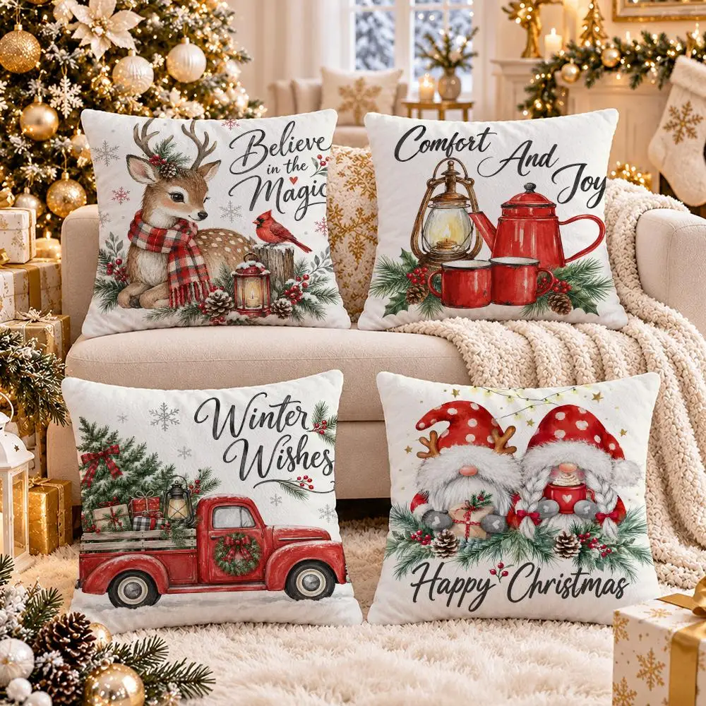 4PC Red Truck Farmhouse Christmas Cushion Cover Soft Double-Sided Print Pillow Case Home Decor for Sofa Bed Bedroom Room Gift