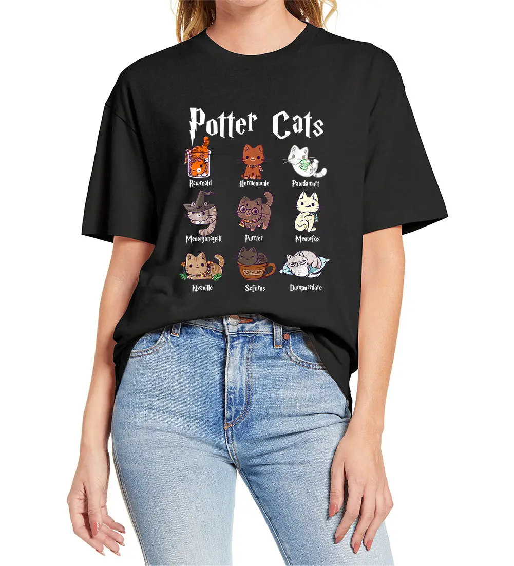 Unisex 100% Cotton Cute Potter Cats Mom Funny Women Novelty Short Sleeve T-Shirt Casual EU Oversize Soft Tee Streetwear