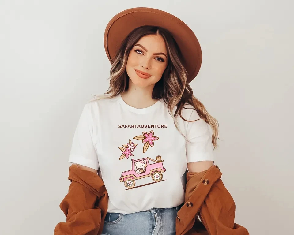 Hello Kitty Safari Adventure T-Shirt White Pink Jeep Flowers Cute Cartoon Graphic Cotton Men Women Kids Short Sleeve Tee