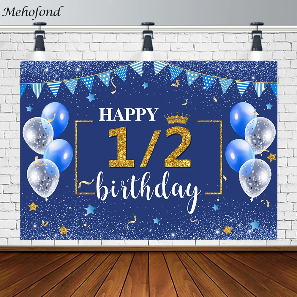 Happy Half Birthday 1/2 Backdrop Blue Glitter Half Year Boy Bday Photo Background Balloons Stars Gold Silver Decor Poster Custom