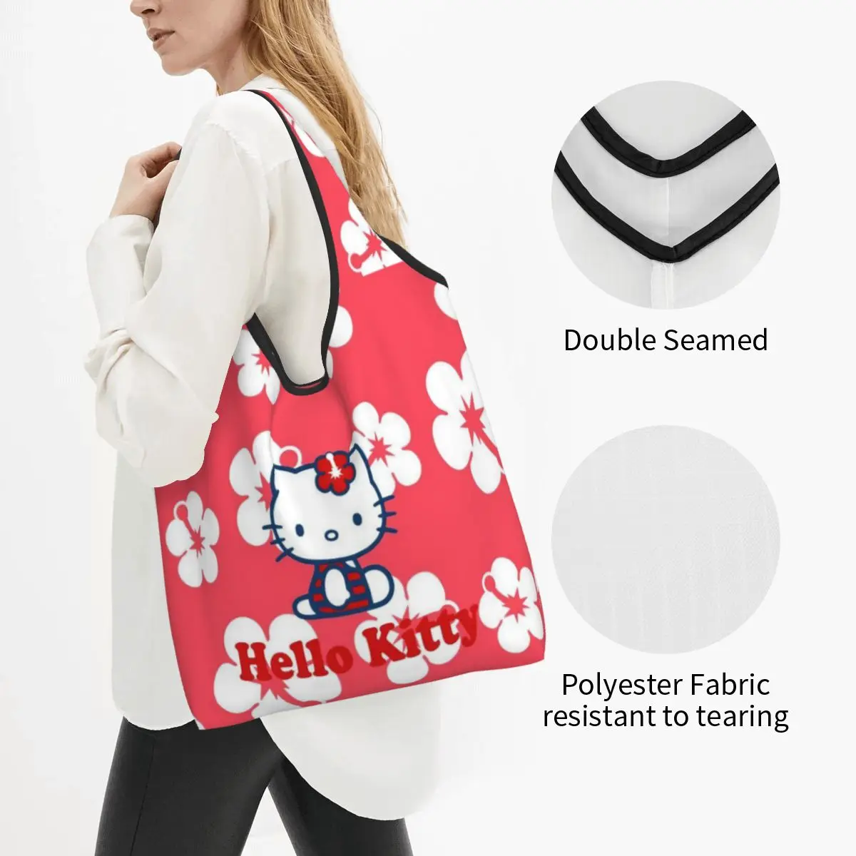 Kawaii Sanrio HelloKitty Cartoon Shopping Bags Reusable Grocery Eco Bags Large Capacity Recycling Bags Washable Handbag