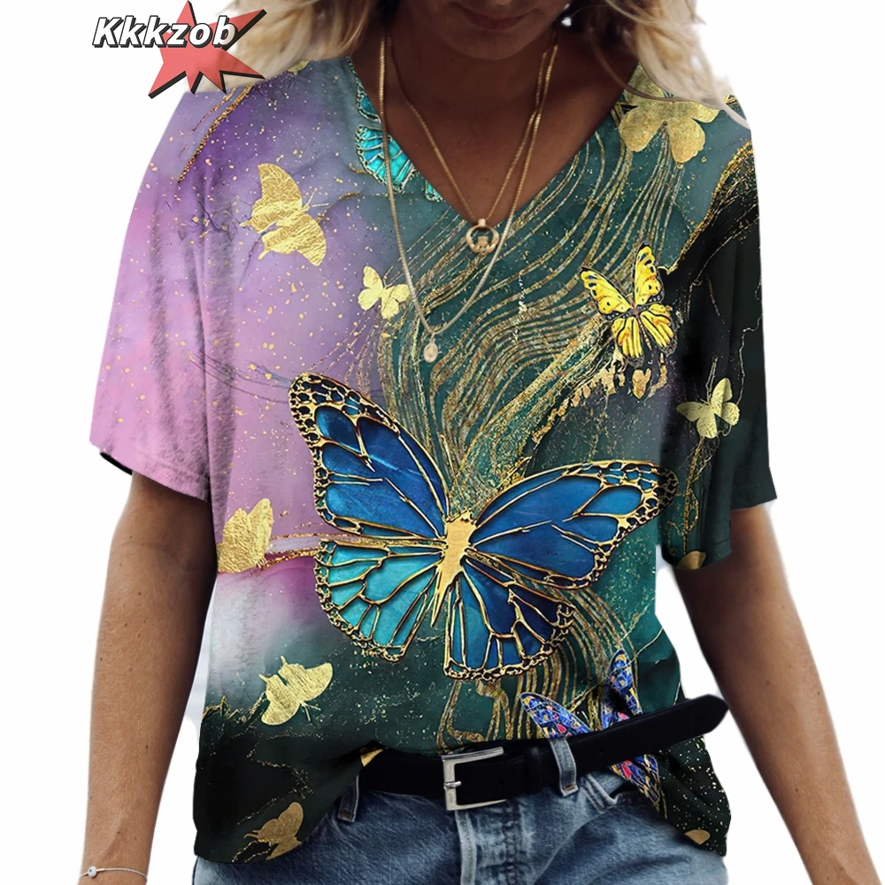 Butterfly Casual Clothing V-Neck Short Sleeve Tshirt Fashions Women\'s Tshirts Plus Size Tops Summerretro Everyday Life Clothing